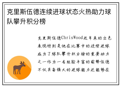 克里斯伍德连续进球状态火热助力球队攀升积分榜